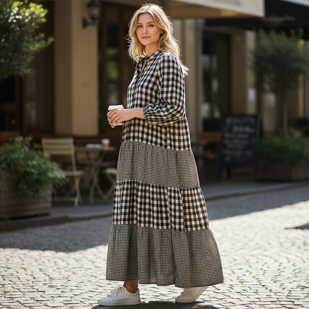 Checked Tiered Midi Dress in Black and White